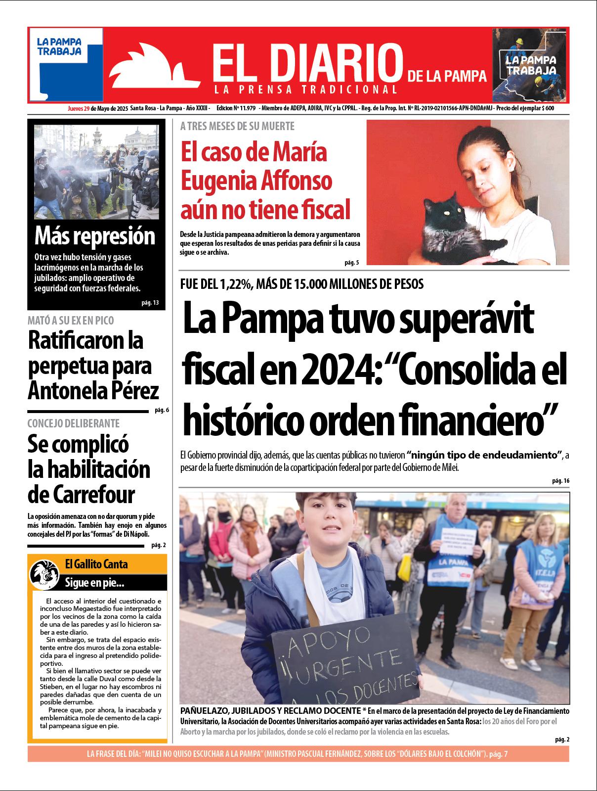 Tapa de El Diario en papel  jueves 29 de mayo de 2025